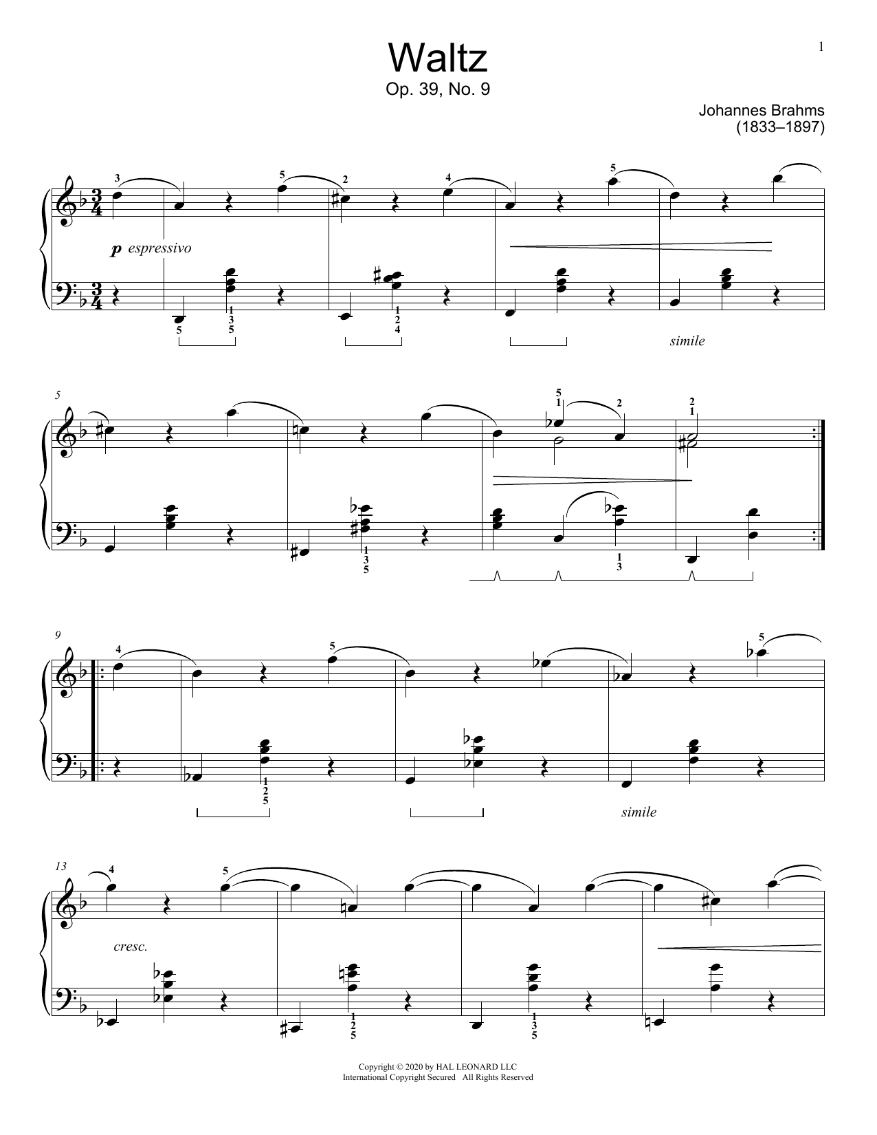 Download Johannes Brahms Waltz, Op. 39, No. 9 Sheet Music
