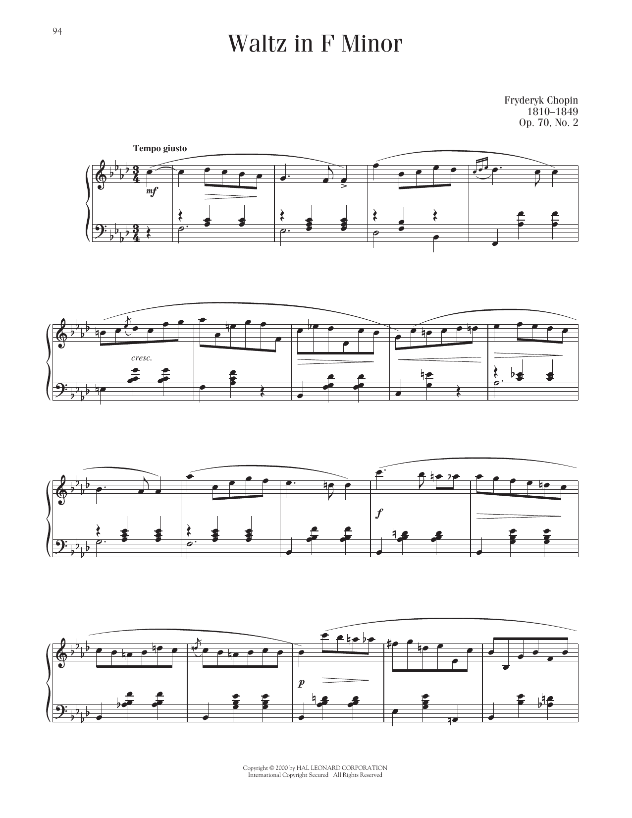Frederic Chopin Waltz, Op. 70, No. 2 sheet music notes printable PDF score
