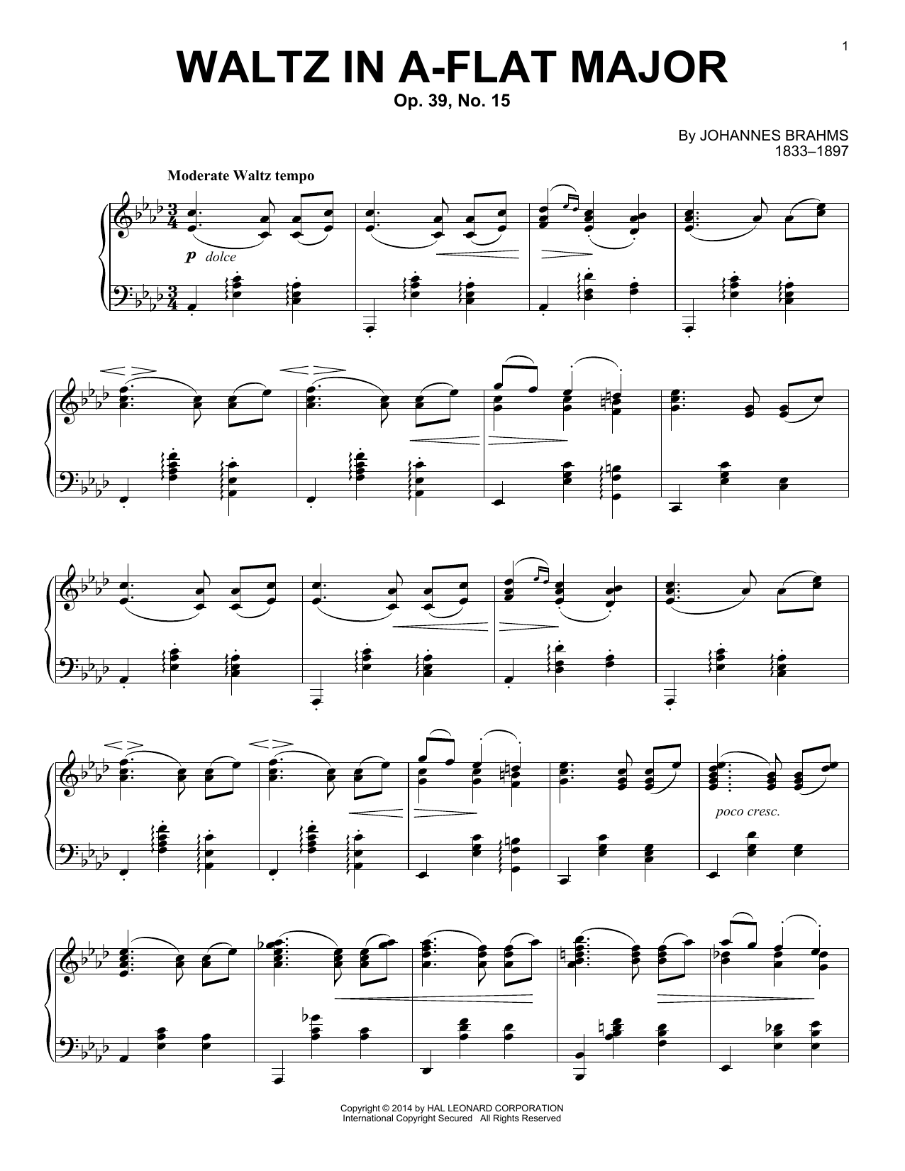 Johannes Brahms Waltz In A-Flat Major, Op. 39, No. 15 sheet music notes printable PDF score