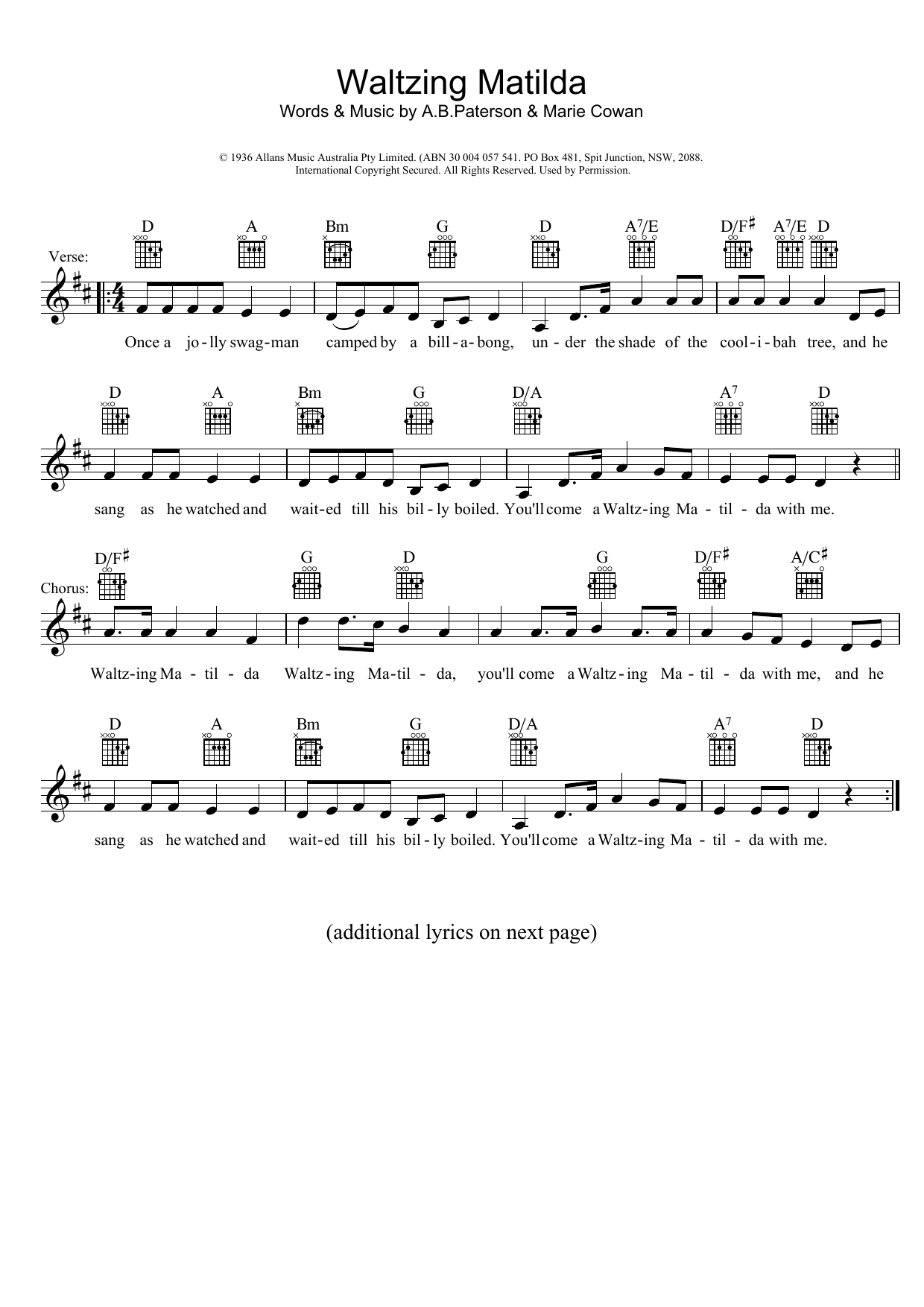 Download Traditional Waltzing Matilda Sheet Music