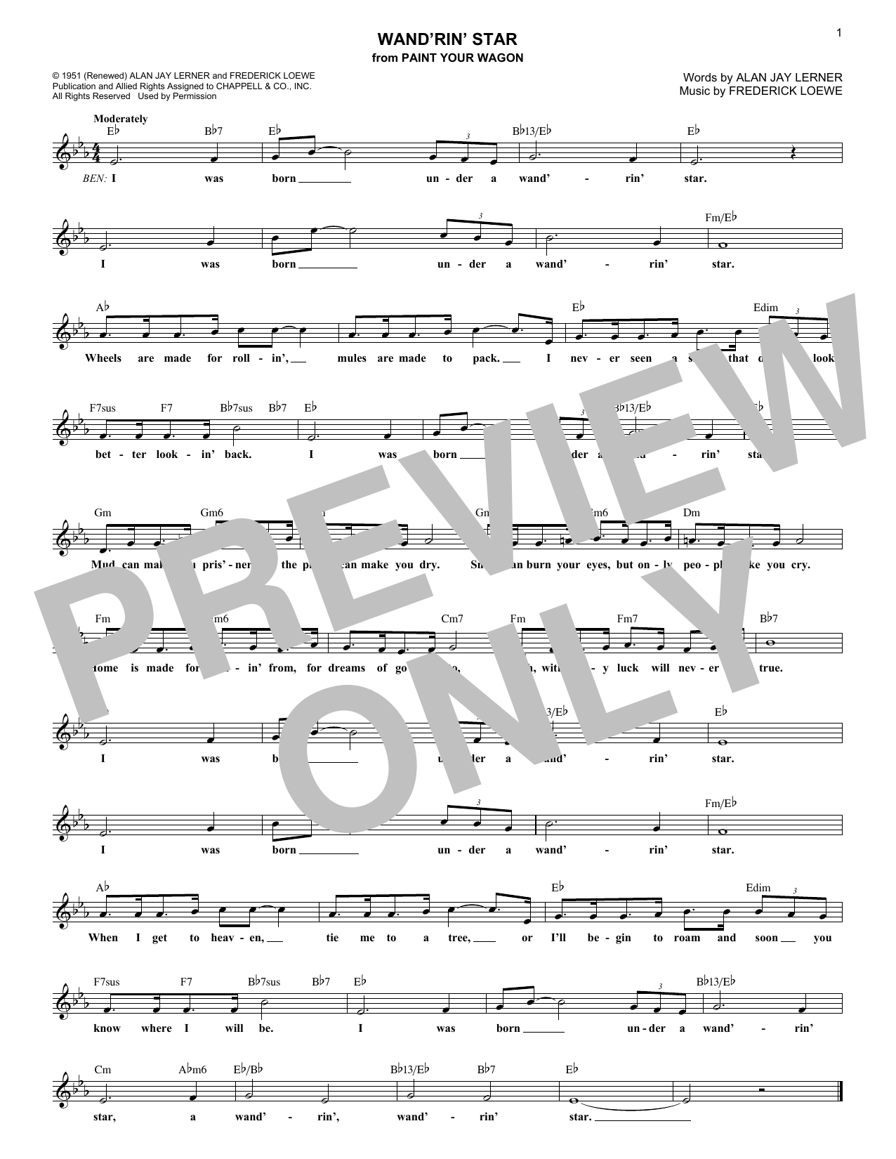 Download Lerner & Loewe Wand'rin' Star (from Paint Your Wagon) Sheet Music