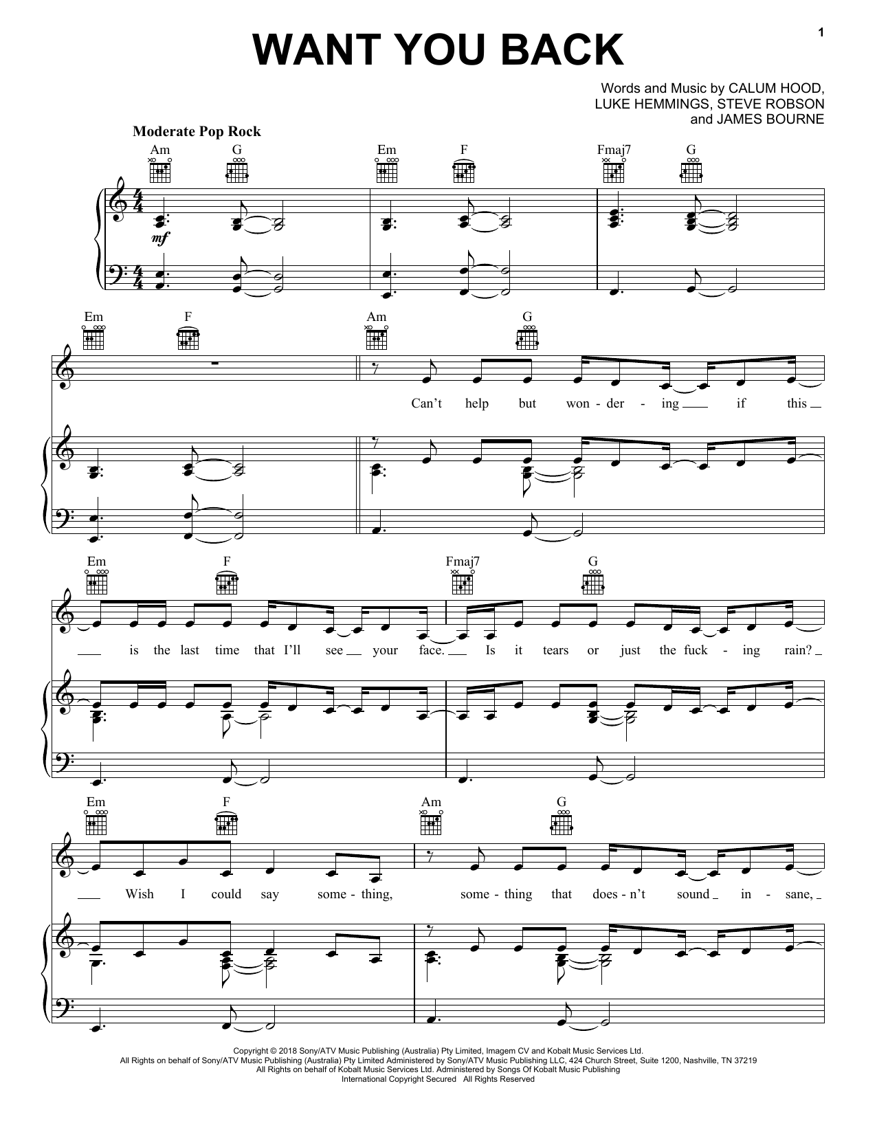 Download 5 Seconds of Summer Want You Back Sheet Music