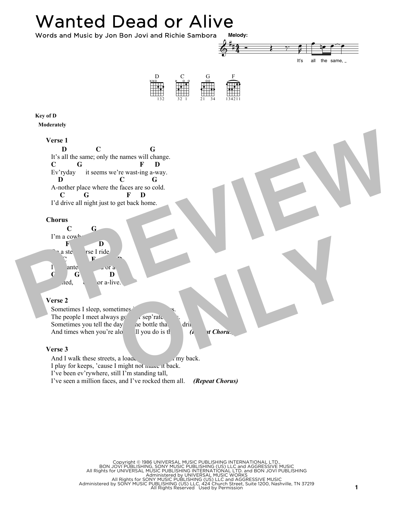 Bon Jovi Wanted Dead Or Alive sheet music notes printable PDF score