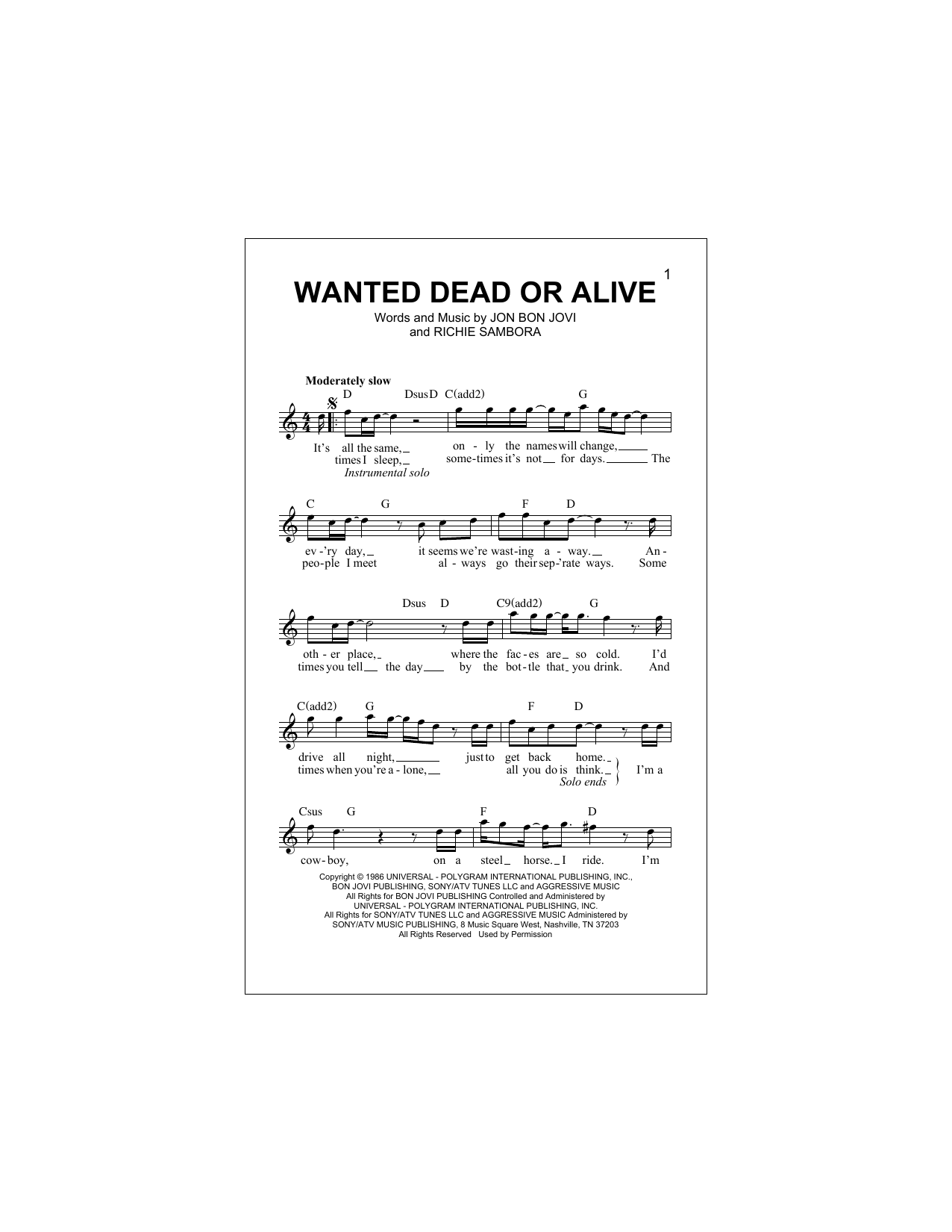 Download Bon Jovi Wanted Dead Or Alive Sheet Music