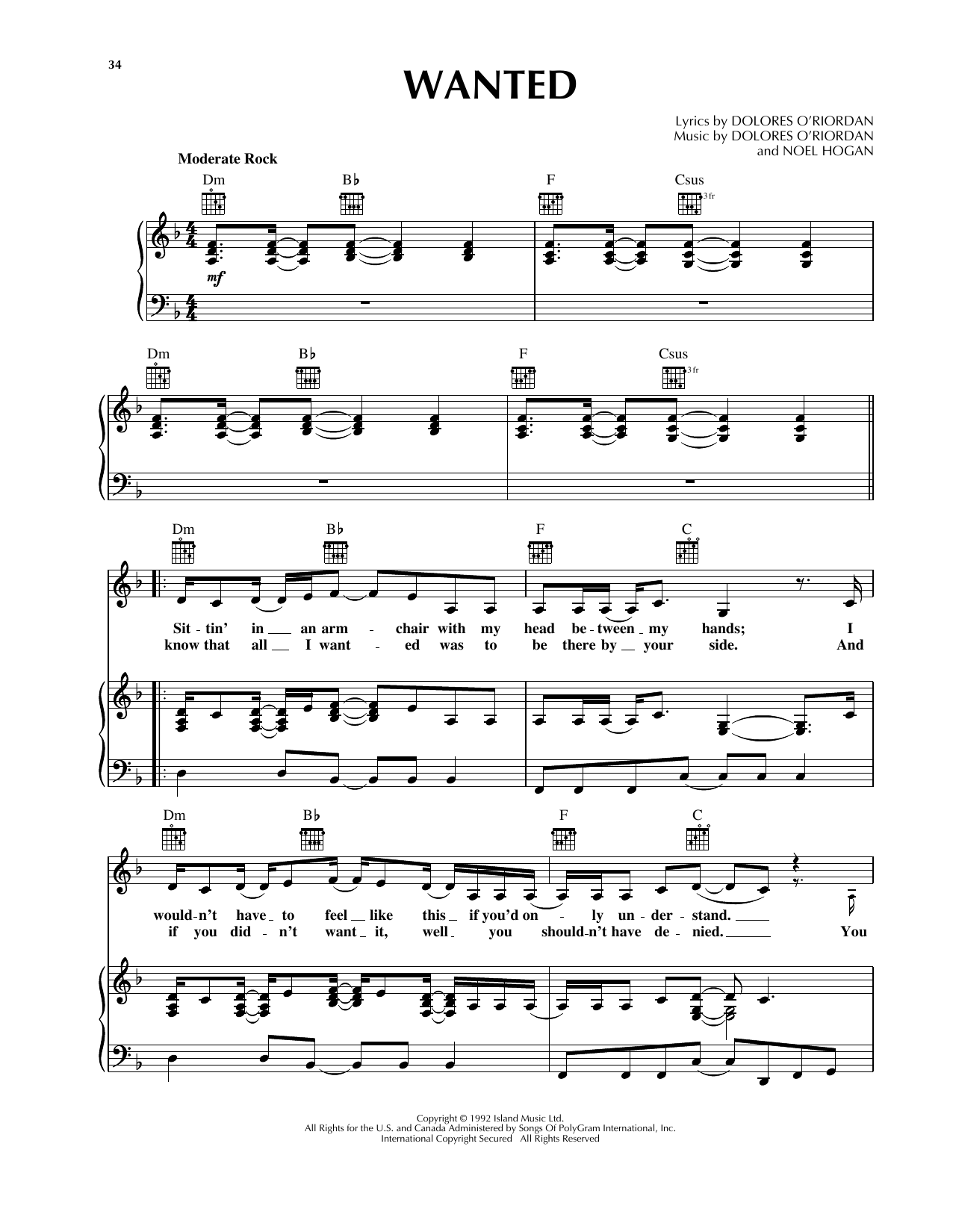 Download The Cranberries Wanted Sheet Music