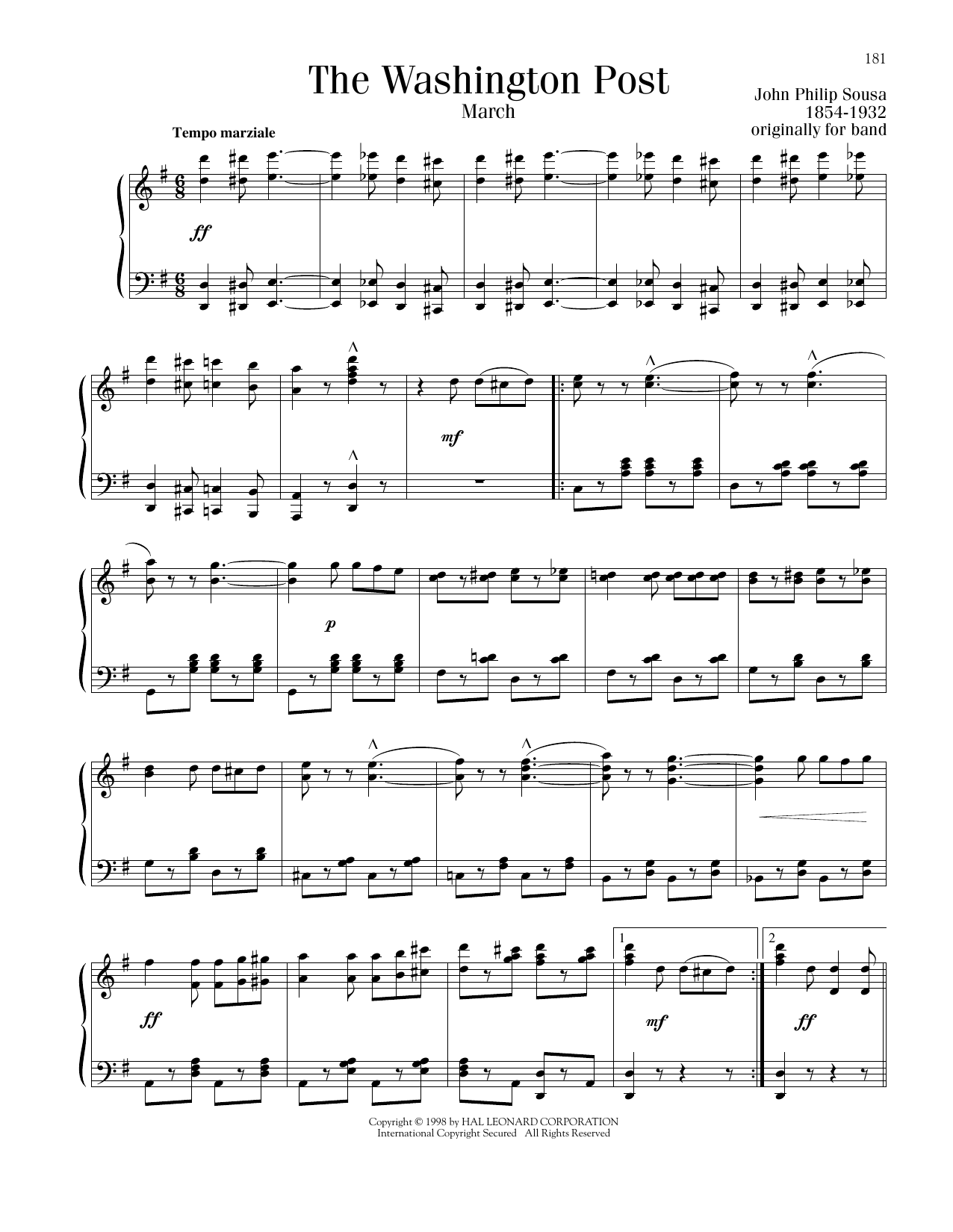 John Philip Sousa Washington Post March sheet music notes printable PDF score
