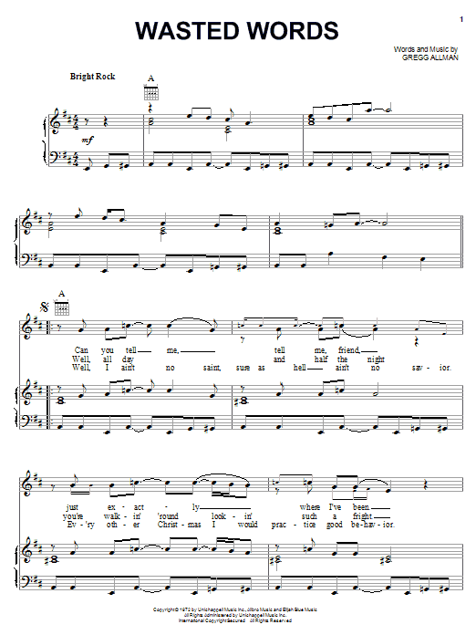 Download The Allman Brothers Band Wasted Words Sheet Music