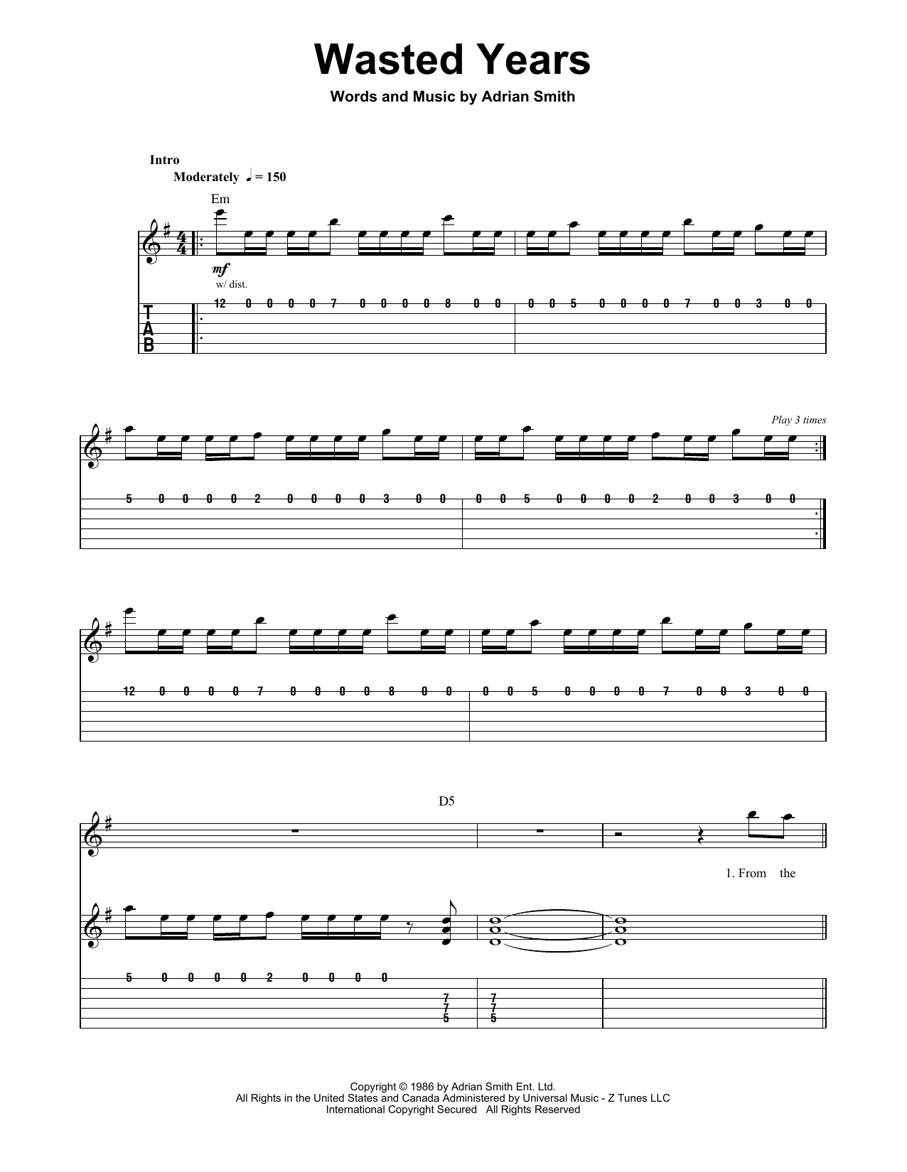 Download Iron Maiden Wasted Years Sheet Music