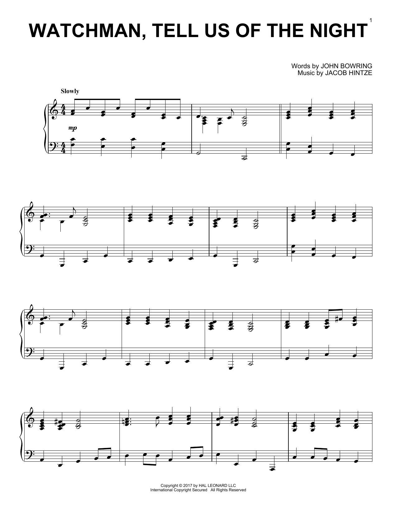 Download Jacob Hintze Watchman, Tell Us Of The Night Sheet Music