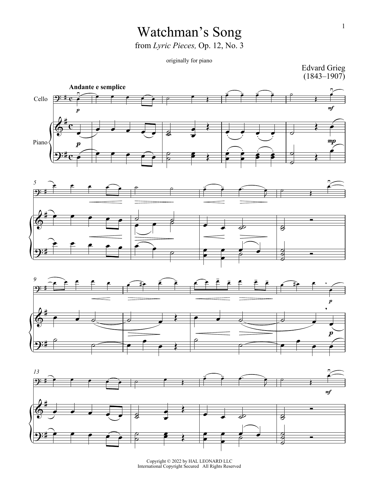 Download Edvard Grieg Watchman's Song, Op. 12, No. 3 Sheet Music