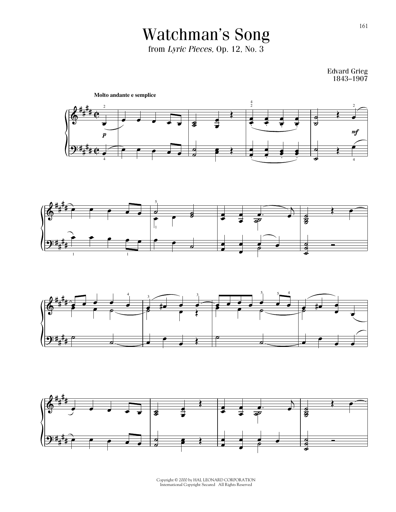 Edvard Grieg Watchman's Song, Op. 12, No. 3 sheet music notes printable PDF score