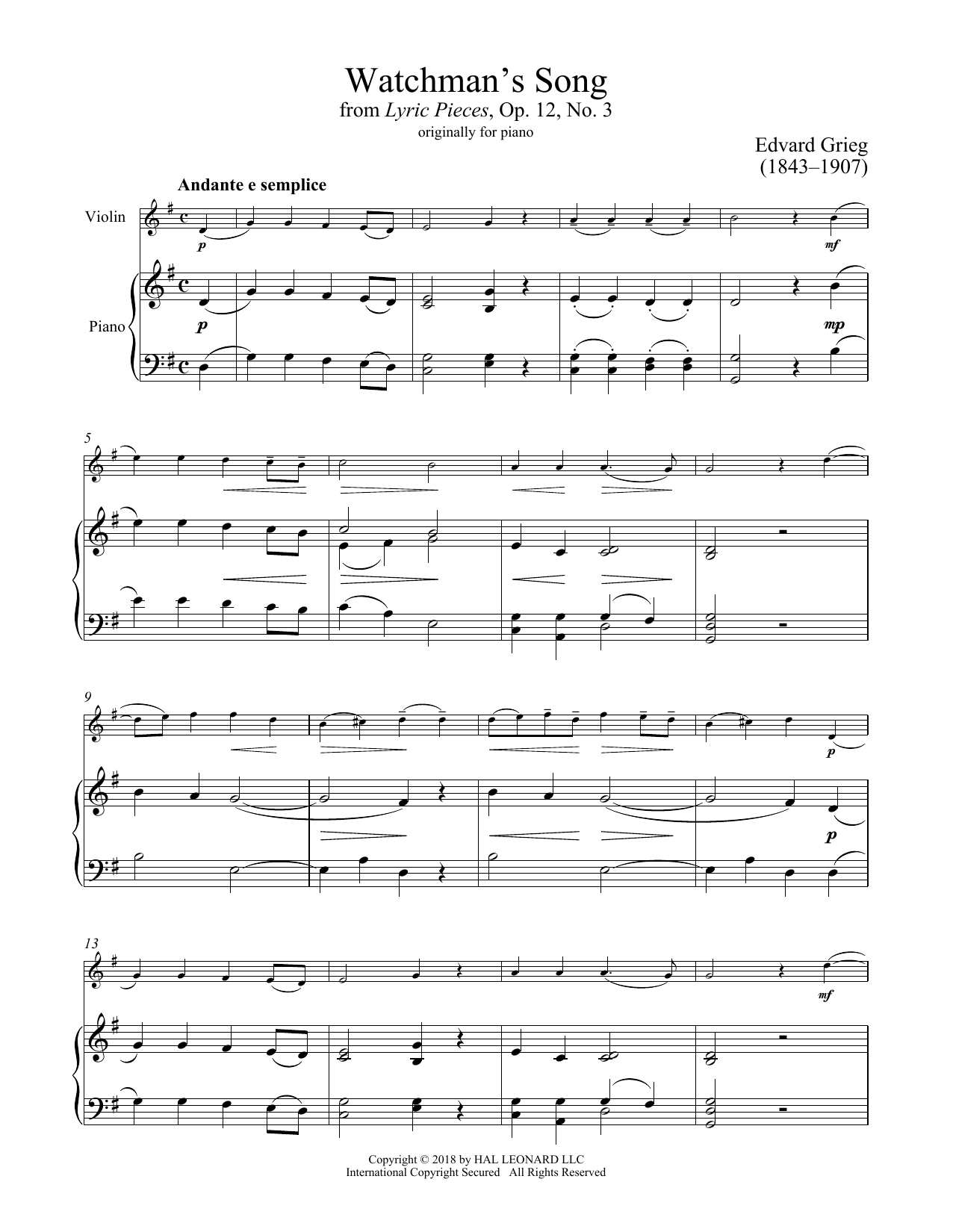 Download Edvard Grieg Watchman's Song, Op. 12, No. 3 Sheet Music