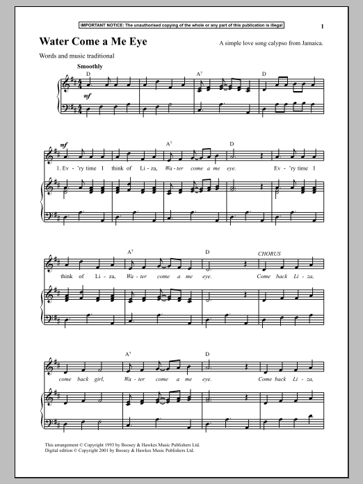 Download Traditional Water Come A Me Eye Sheet Music