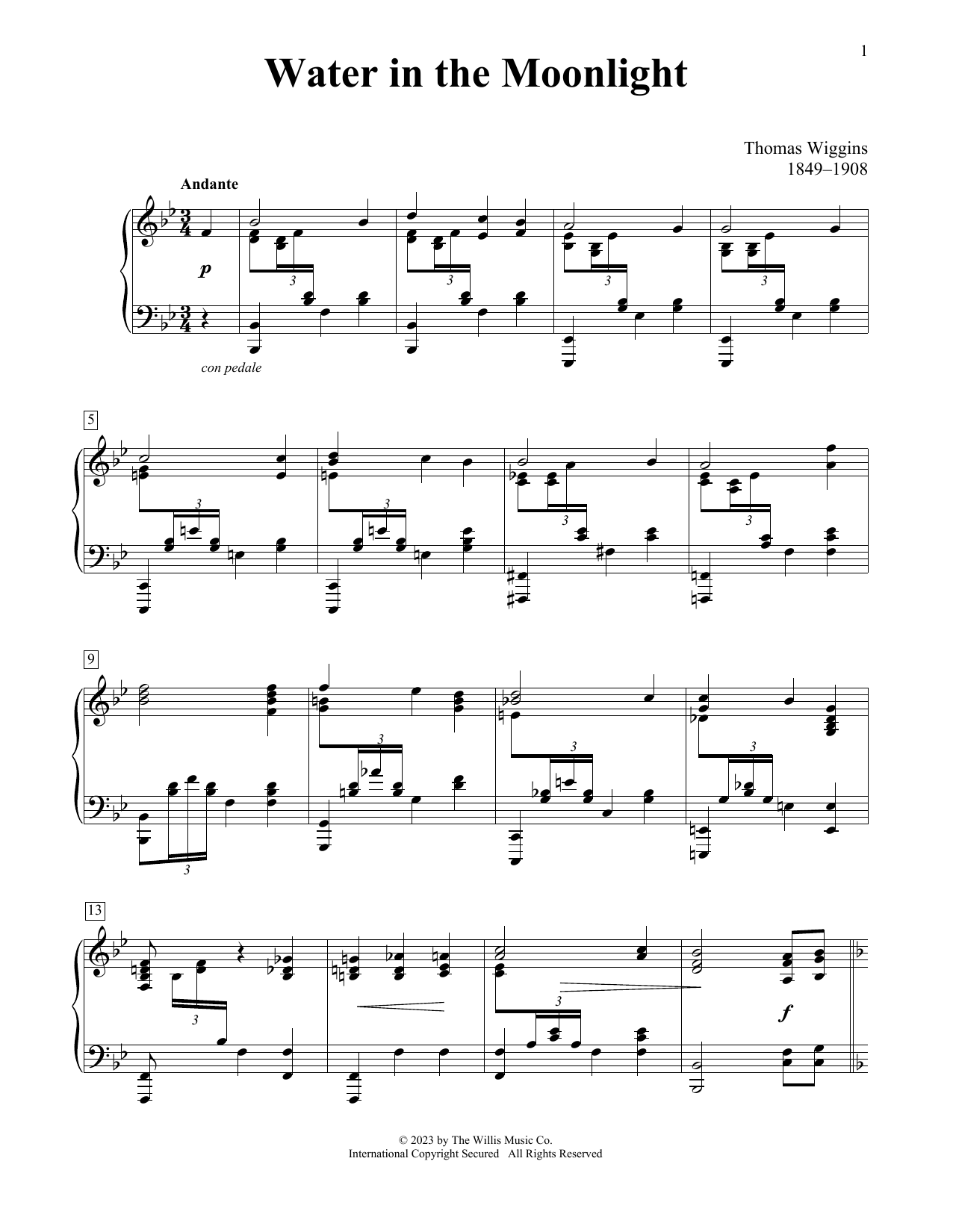 Thomas Wiggins Water In The Moonlight sheet music notes printable PDF score