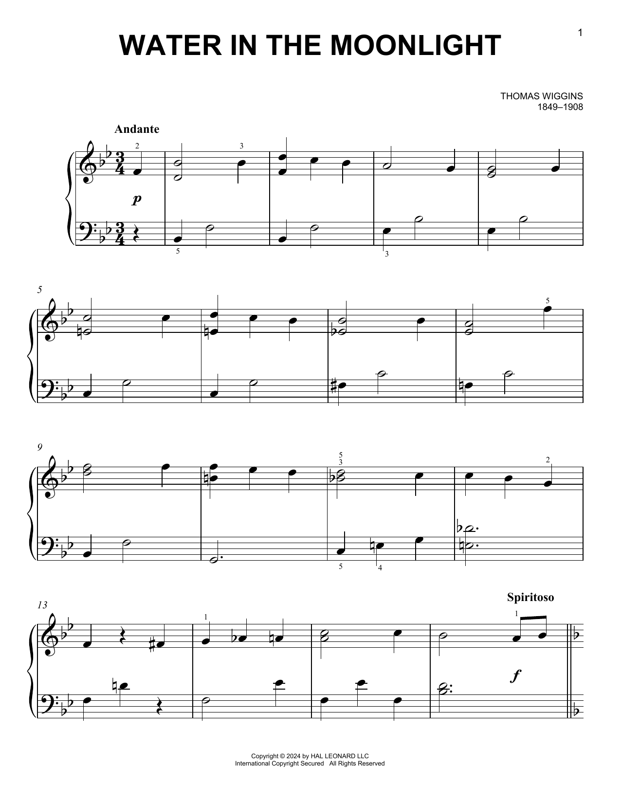 Thomas Wiggins Water In The Moonlight sheet music notes printable PDF score