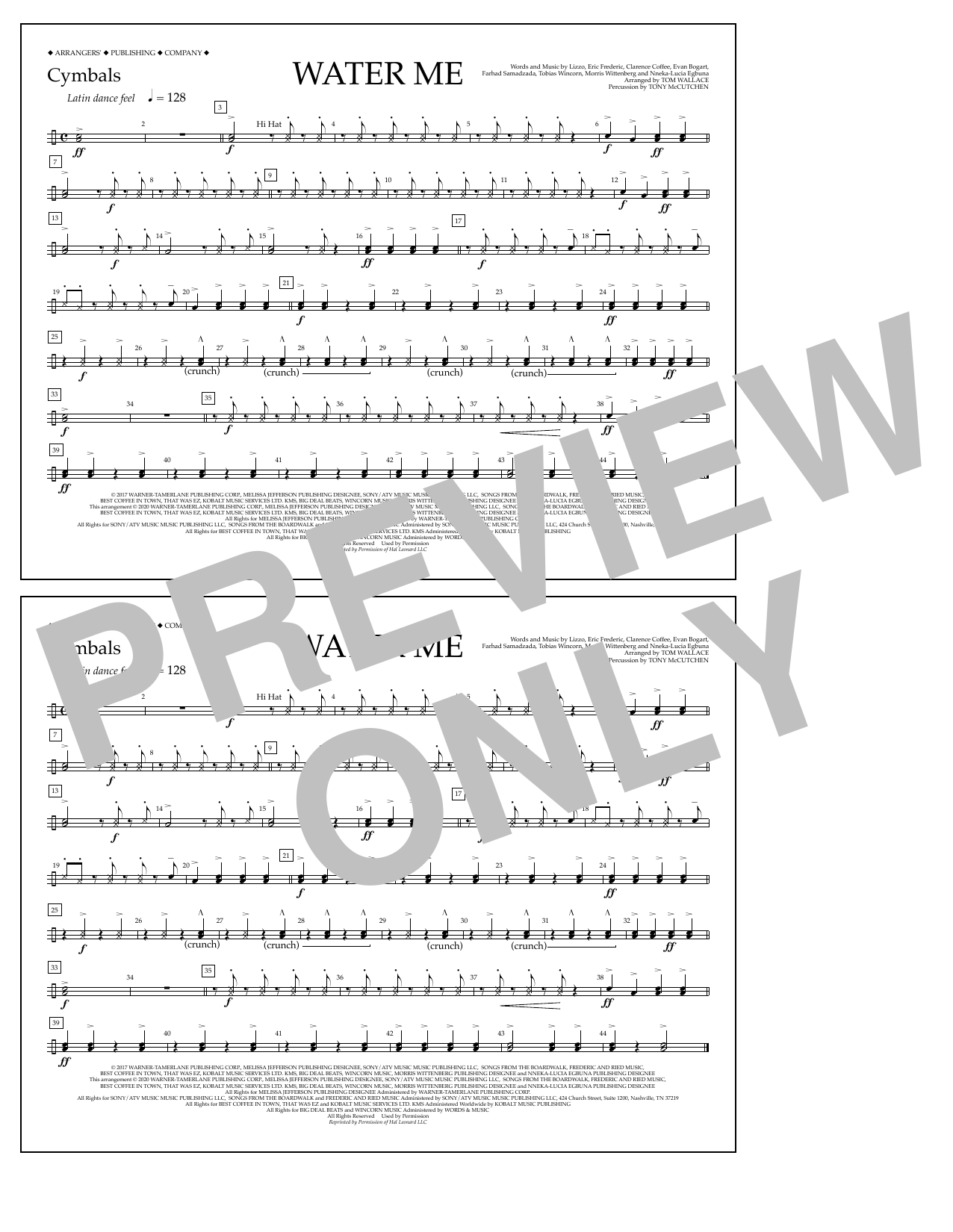 Download Lizzo Water Me (arr. Tom Wallace) - Cymbals Sheet Music