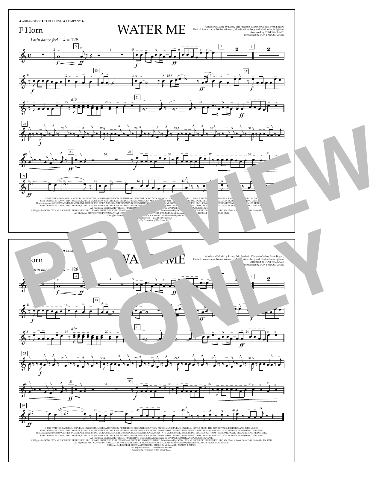 Download Lizzo Water Me (arr. Tom Wallace) - F Horn Sheet Music