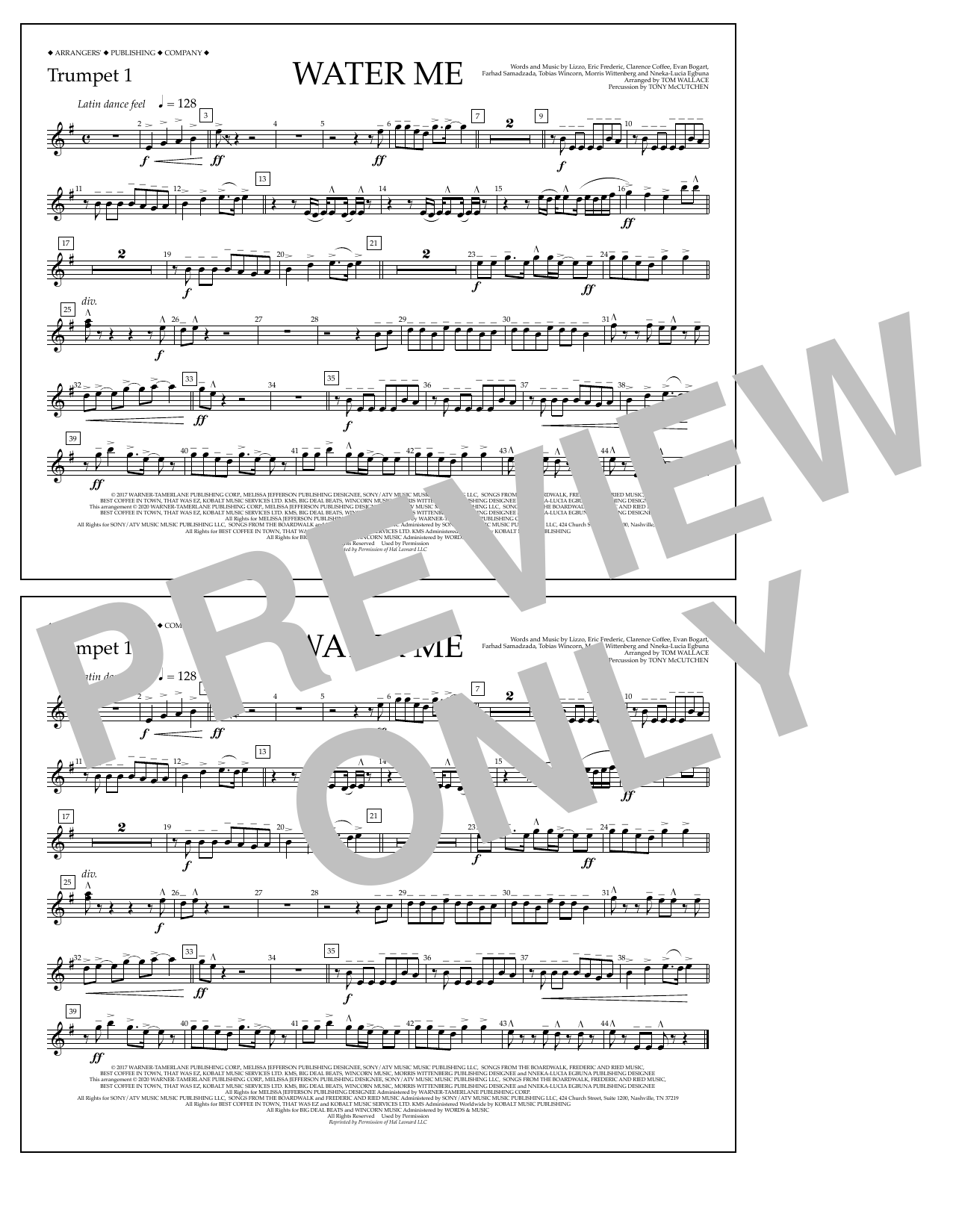 Download Lizzo Water Me (arr. Tom Wallace) - Trumpet 1 Sheet Music