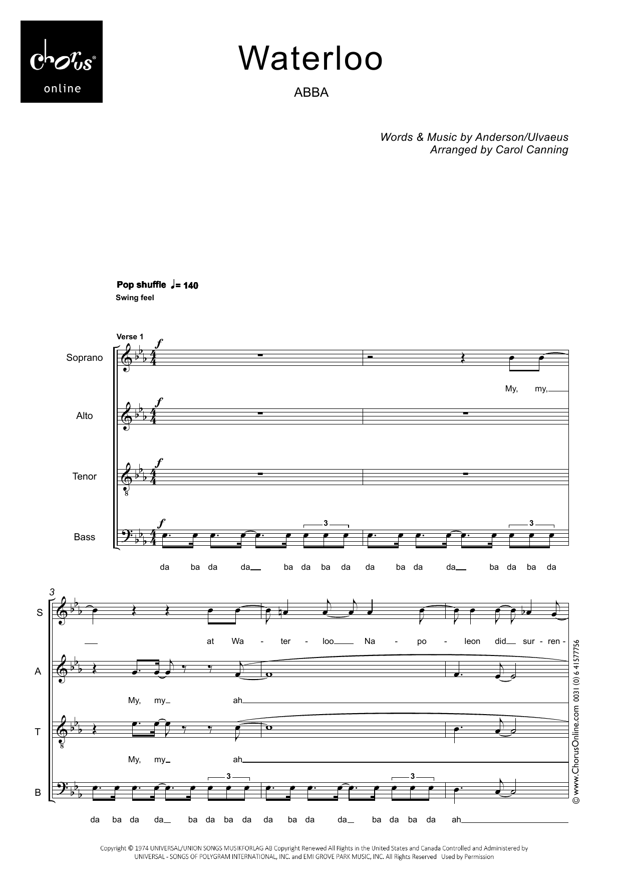 ABBA Waterloo (arr. Carol Canning) sheet music notes printable PDF score