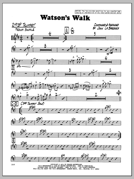 Download John LaBarbara Watson's Walk - 2nd Bb Trumpet Sheet Music