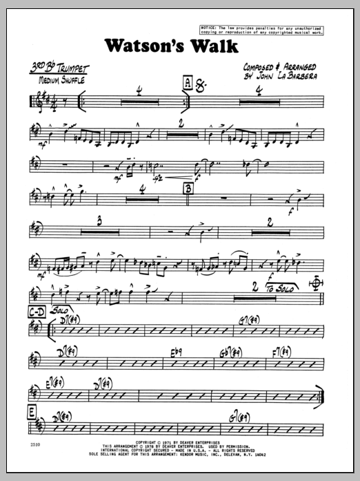 Download John LaBarbara Watson's Walk - 3rd Bb Trumpet Sheet Music