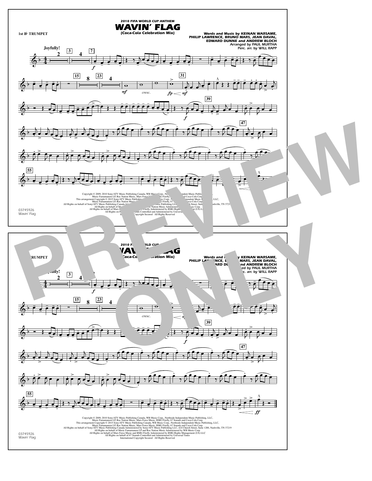 Download Paul Murtha Wavin' Flag - 1st Bb Trumpet Sheet Music