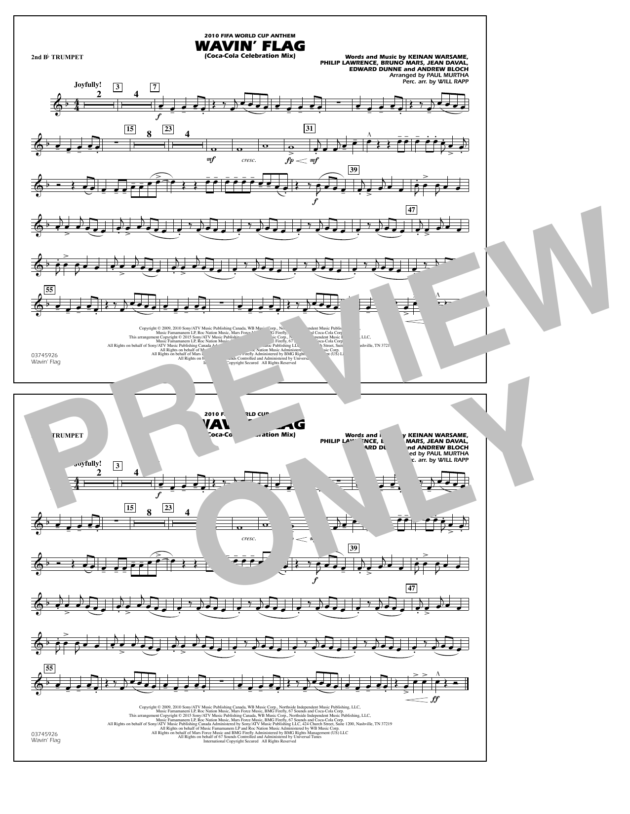 Download Paul Murtha Wavin' Flag - 2nd Bb Trumpet Sheet Music