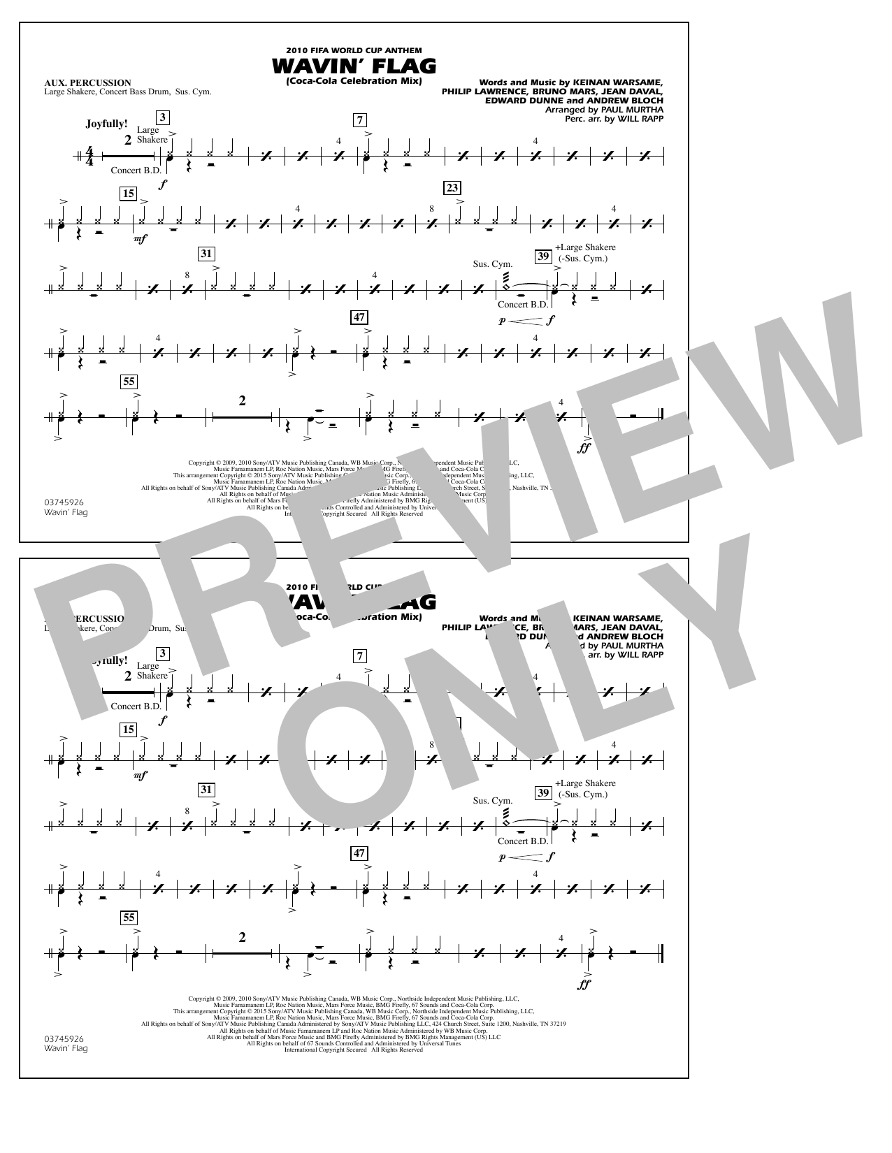 Download Paul Murtha Wavin' Flag - Aux Percussion Sheet Music
