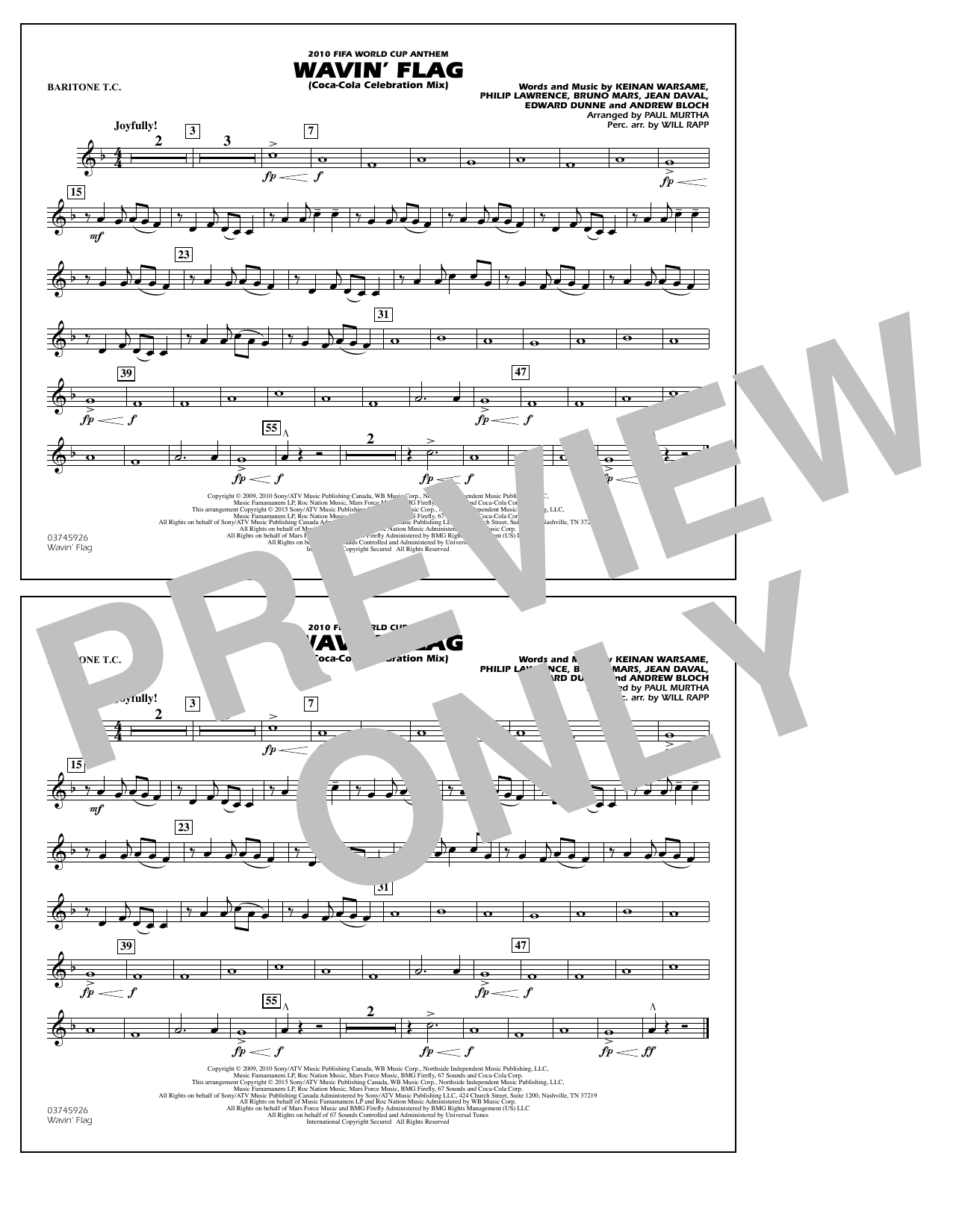 Download Paul Murtha Wavin' Flag - Baritone T.C. Sheet Music