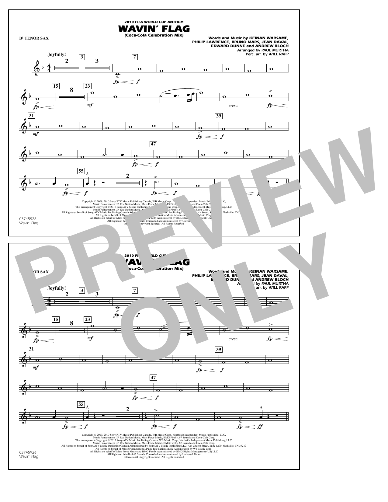 Download Paul Murtha Wavin' Flag - Bb Tenor Sax Sheet Music