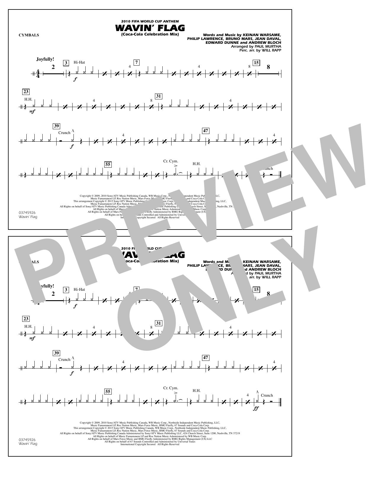 Download Paul Murtha Wavin' Flag - Cymbals Sheet Music