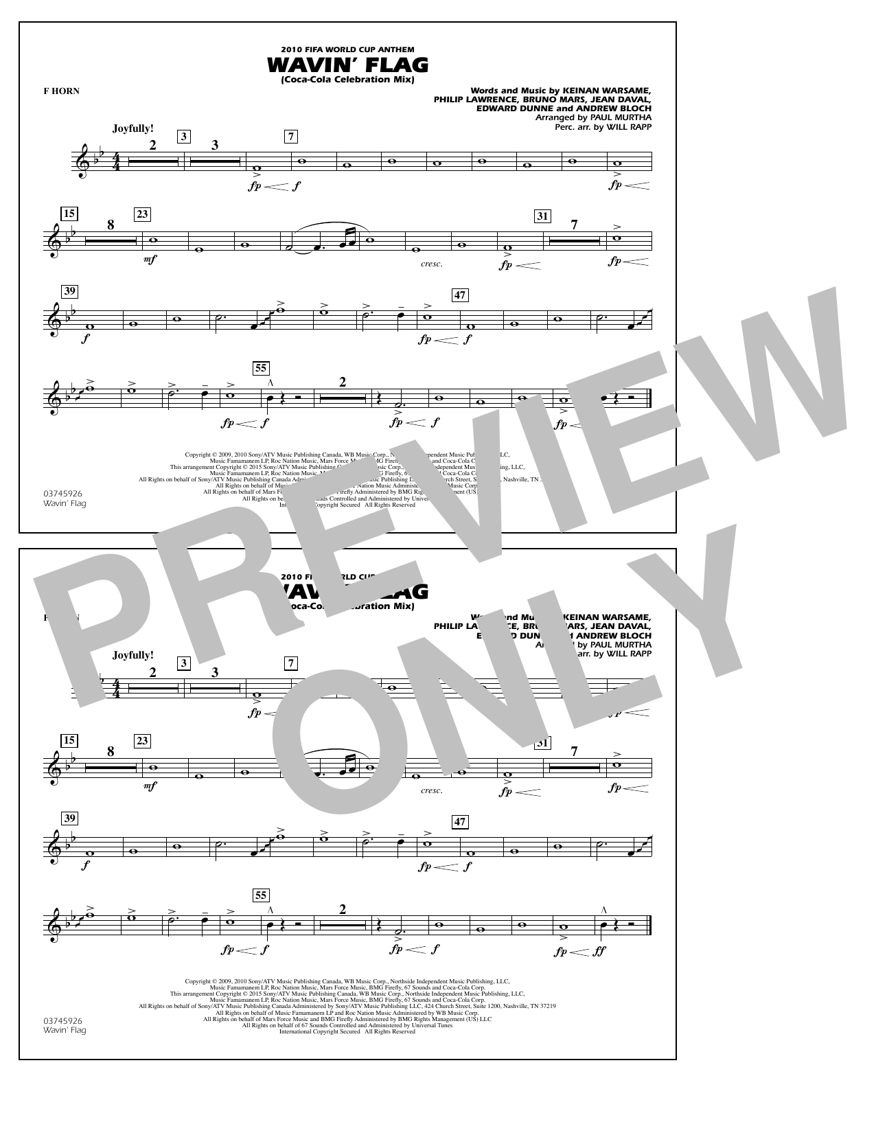 Download Paul Murtha Wavin' Flag - F Horn Sheet Music