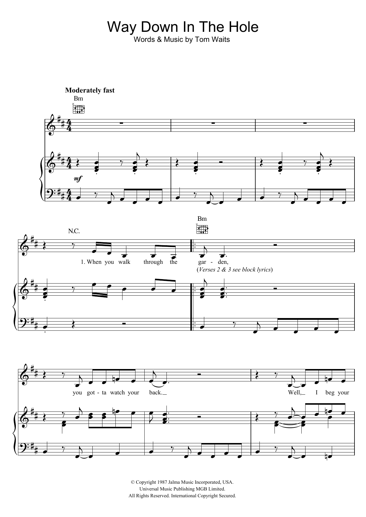 Download Tom Waits Way Down In The Hole Sheet Music