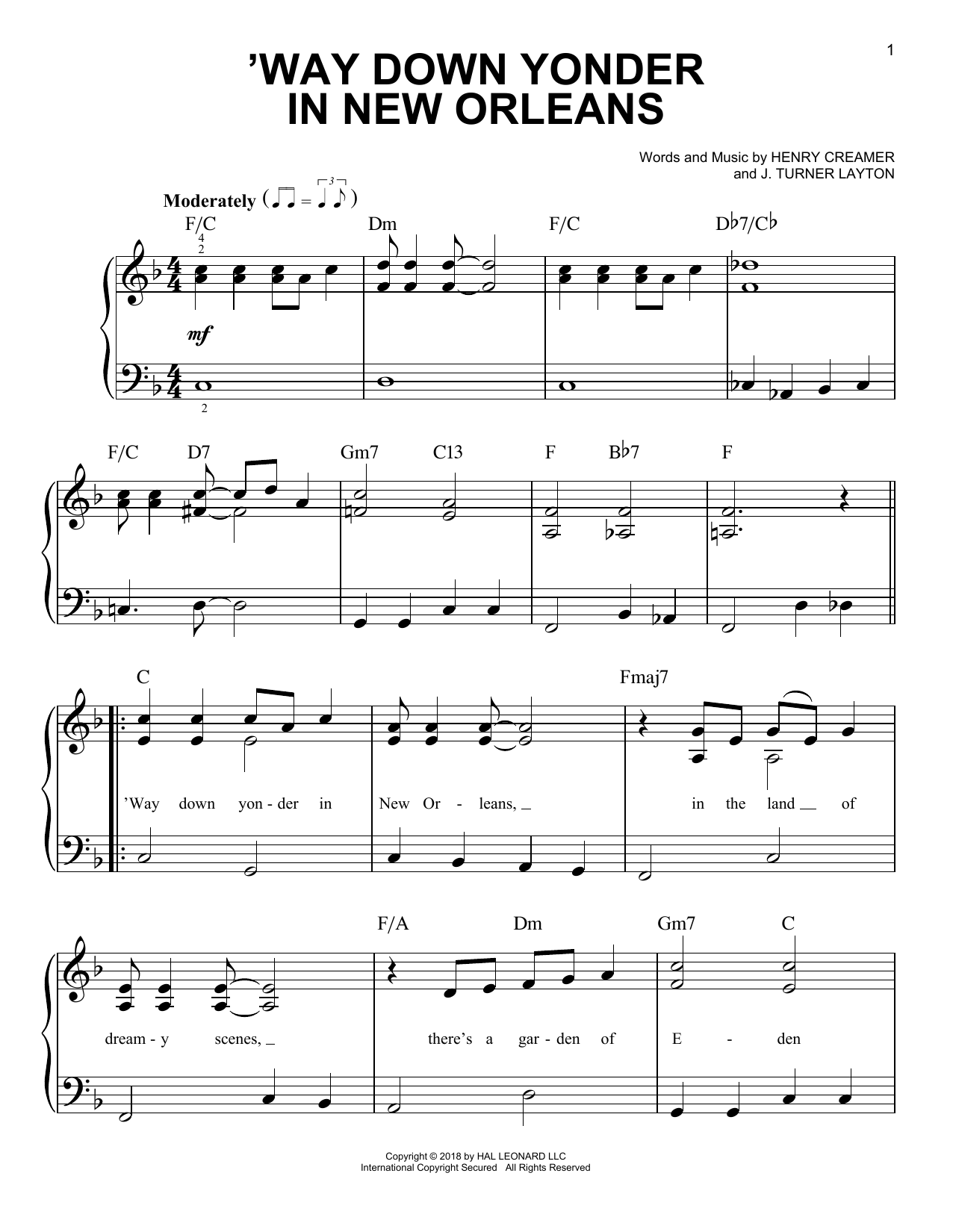 Download Henry Creamer 'Way Down Yonder In New Orleans Sheet Music