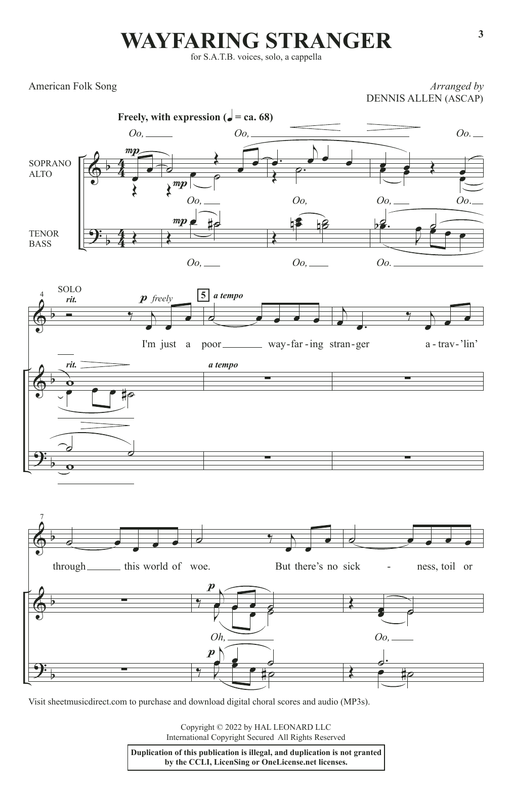 Download American Folk Song Wayfaring Stranger (arr. Dennis Allen) Sheet Music
