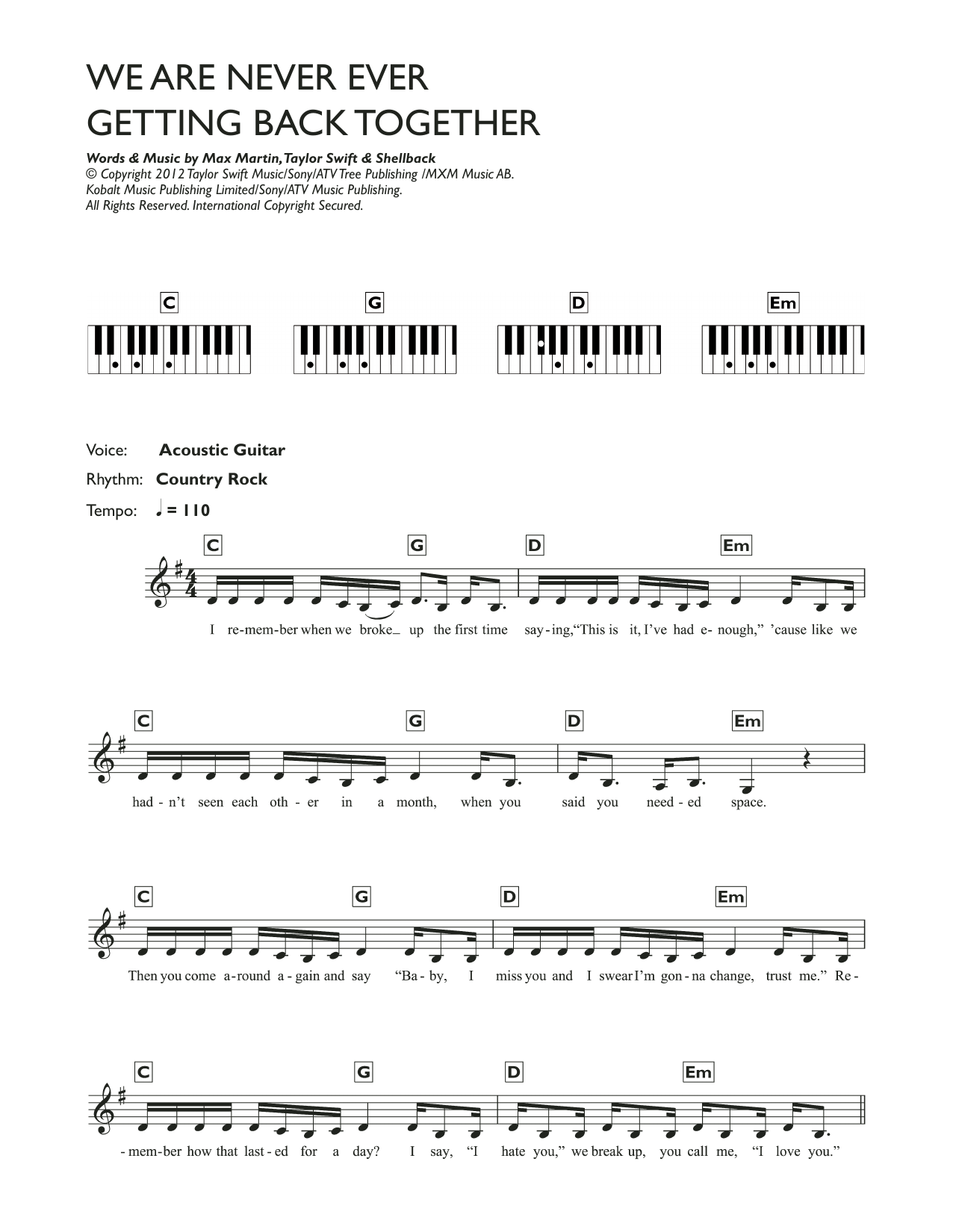 Download Taylor Swift We Are Never Ever Getting Back Together Sheet Music