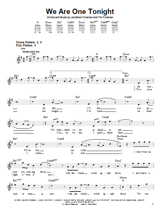 Download Switchfoot We Are One Tonight Sheet Music