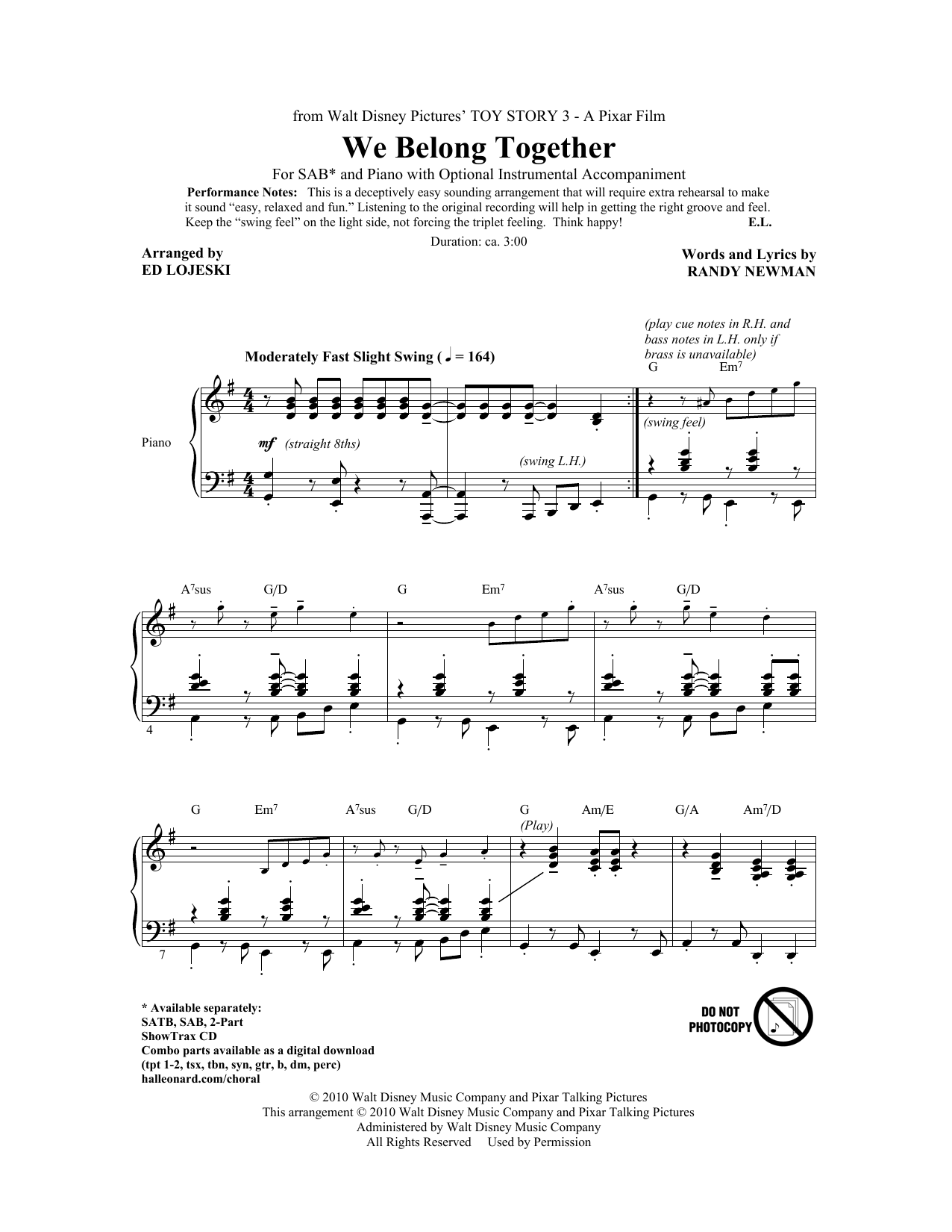 Download Randy Newman We Belong Together (from Toy Story 3) ( Sheet Music