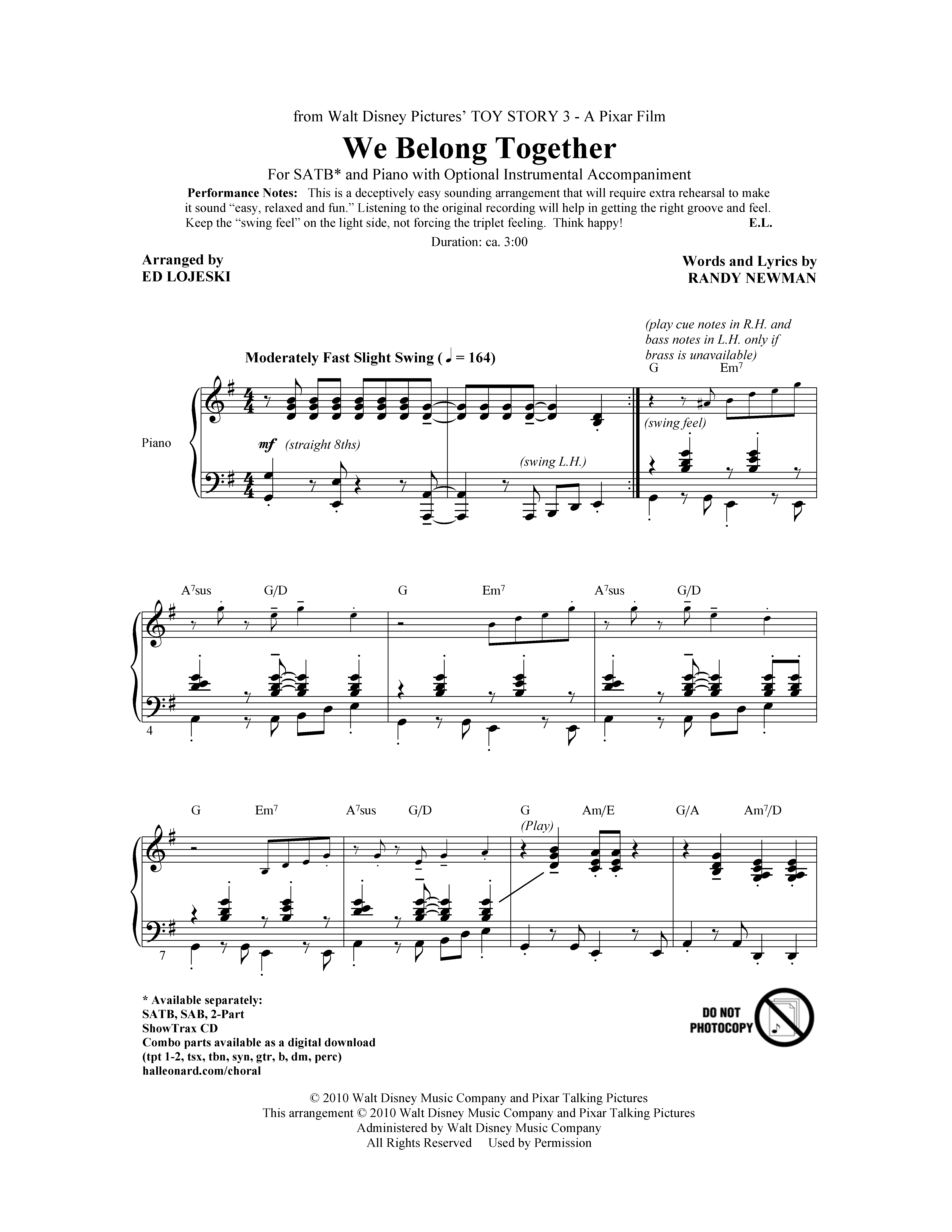 Download Randy Newman We Belong Together (from Toy Story 3) ( Sheet Music