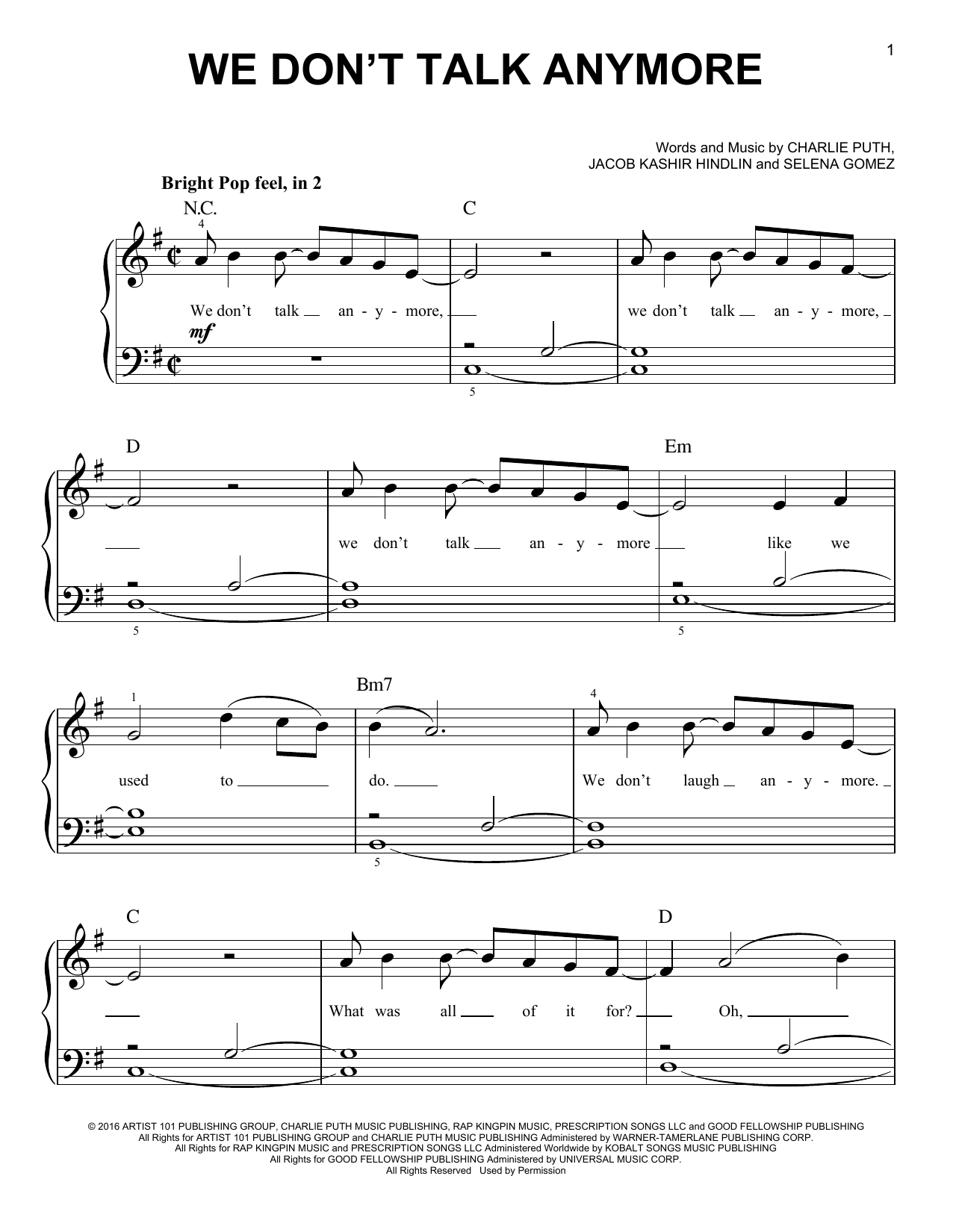 Download Charlie Puth We Don't Talk Anymore (feat. Selena Gom Sheet Music
