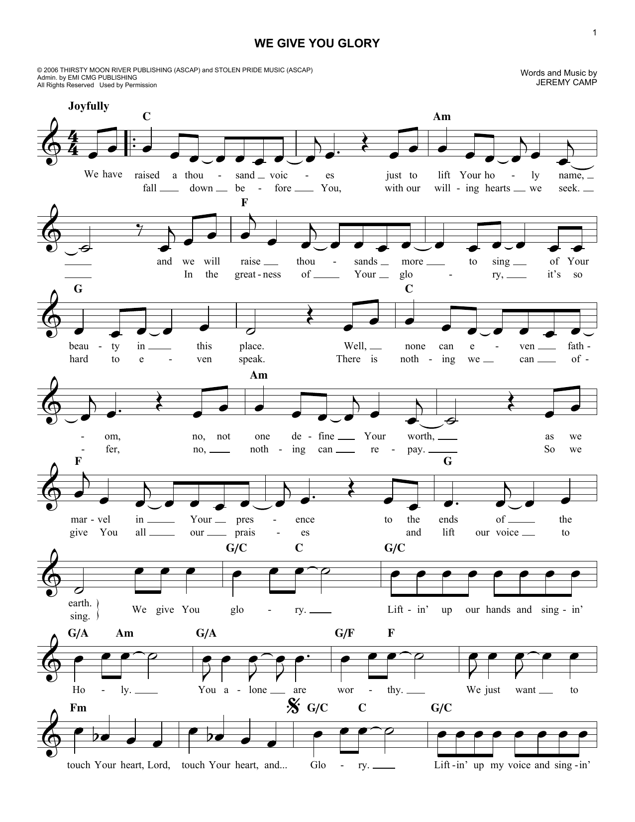 Download Jeremy Camp We Give You Glory Sheet Music