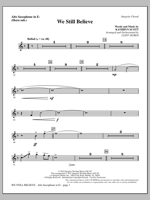 Download Cliff Duren We Still Believe - Alto Sax (sub. Horn) Sheet Music