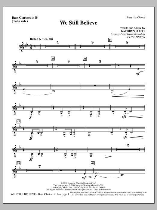Download Cliff Duren We Still Believe - Bass Clarinet (sub. Sheet Music
