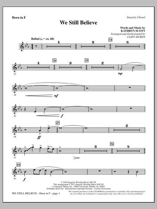 Download Cliff Duren We Still Believe - F Horn Sheet Music