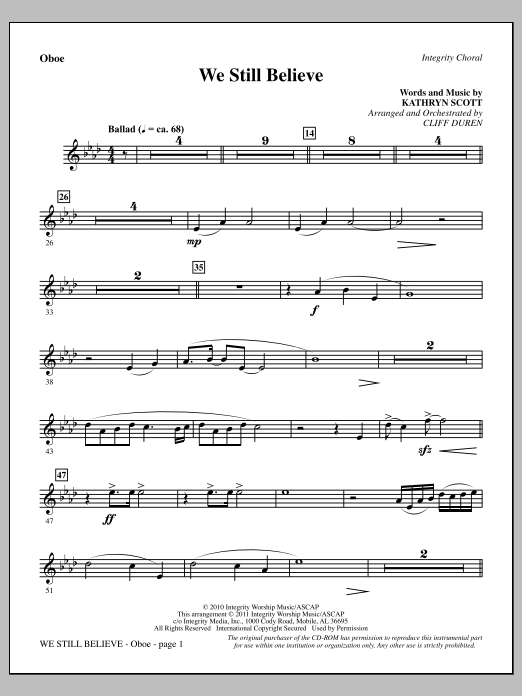 Download Cliff Duren We Still Believe - Oboe Sheet Music