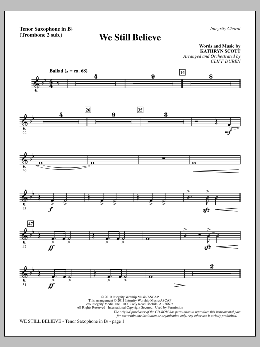 Download Cliff Duren We Still Believe - Tenor Sax (sub. Tbn Sheet Music