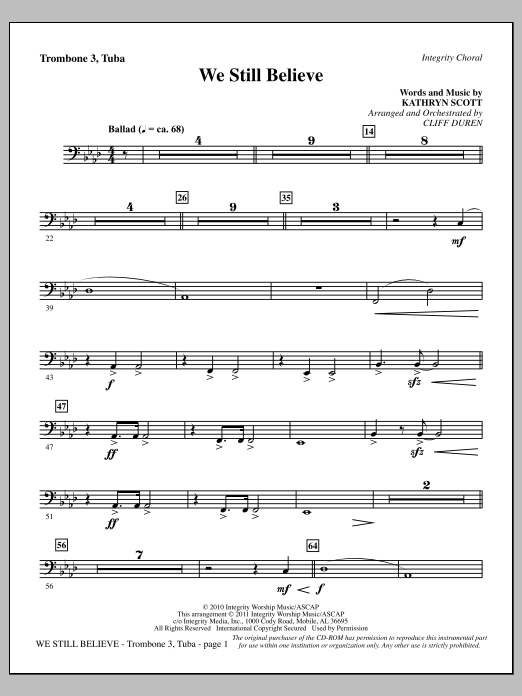 Download Cliff Duren We Still Believe - Trombone 3/Tuba Sheet Music