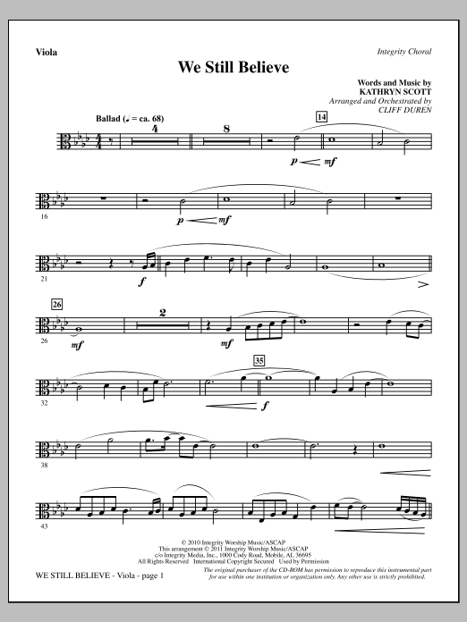 Download Cliff Duren We Still Believe - Viola Sheet Music