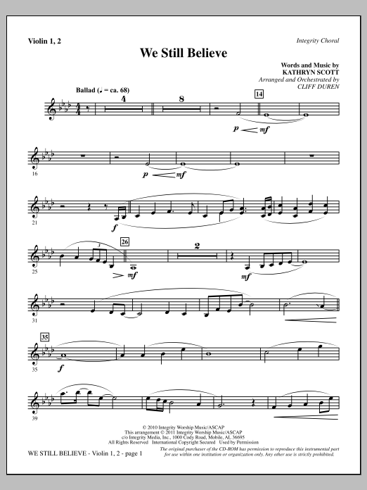 Download Cliff Duren We Still Believe - Violin 1, 2 Sheet Music