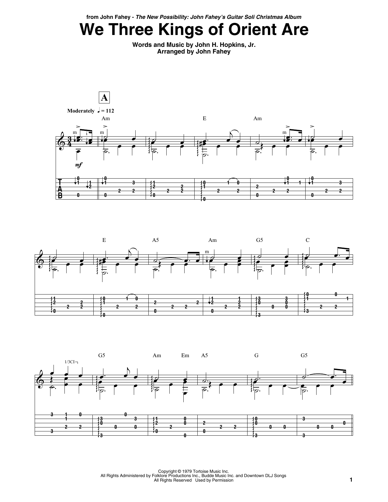 Download John Fahey We Three Kings Of Orient Are Sheet Music